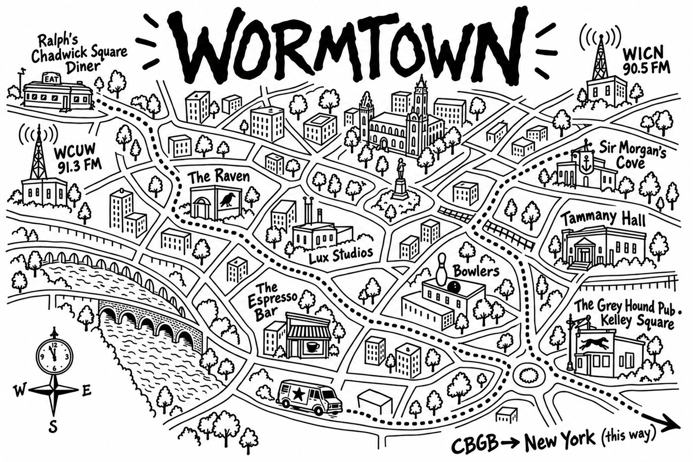 The Wormtown circuit, 1991–93 (drawn from the flyers)